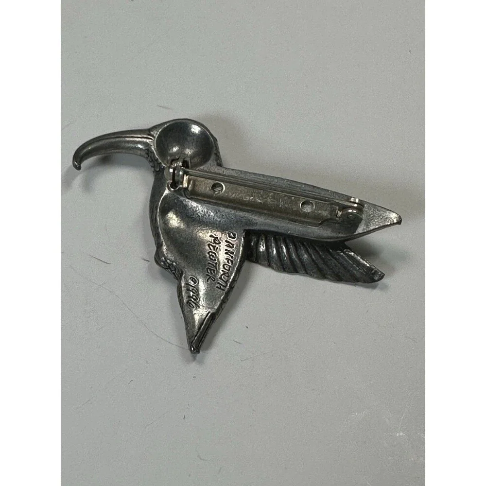 1996 Vintage Pewter Hummingbird Brooch Lapel Pin Danforth Signed Handmade Birds